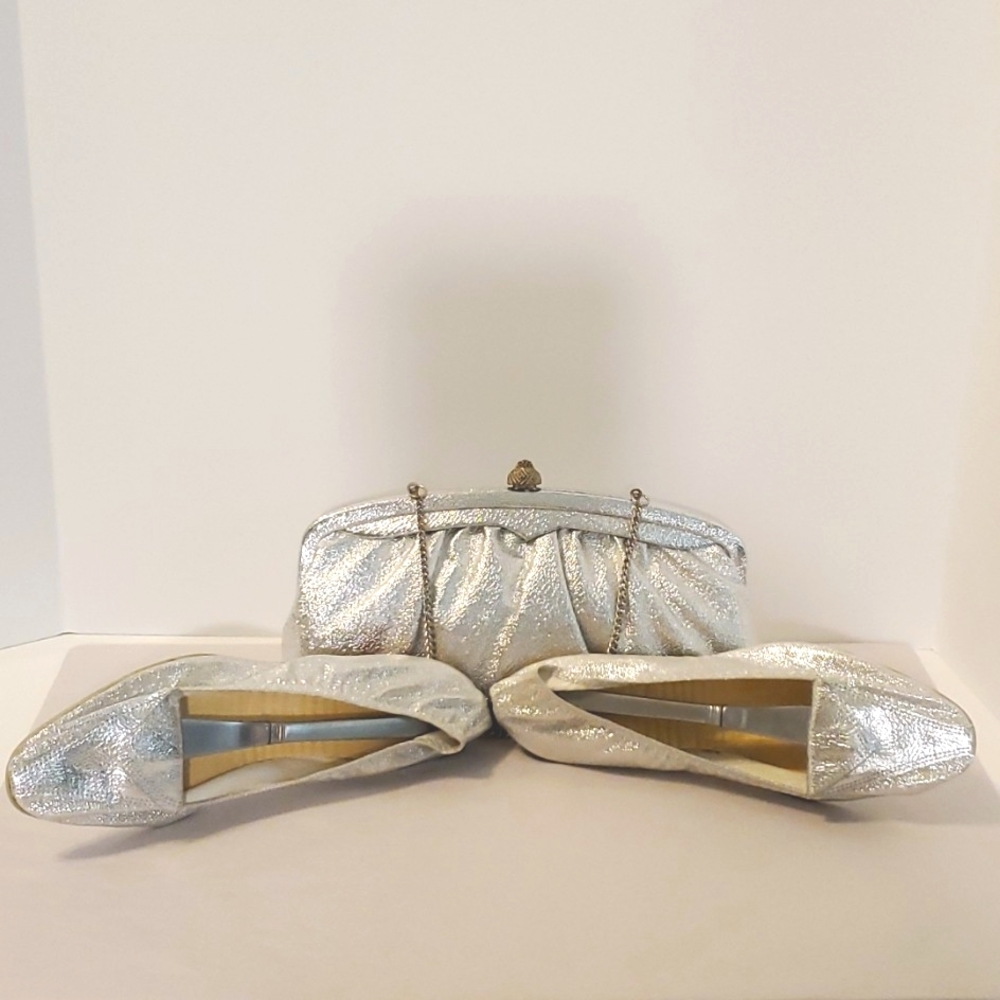 Vintage Bridal Purse and Flats Set in Sparkling Metallic Silver